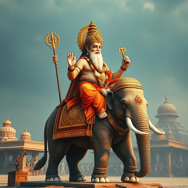 In this photo, Brihaspati Dev is sitting on his vehicle elephant. He has a weapon in his hand and divine energy is emanating from his face.