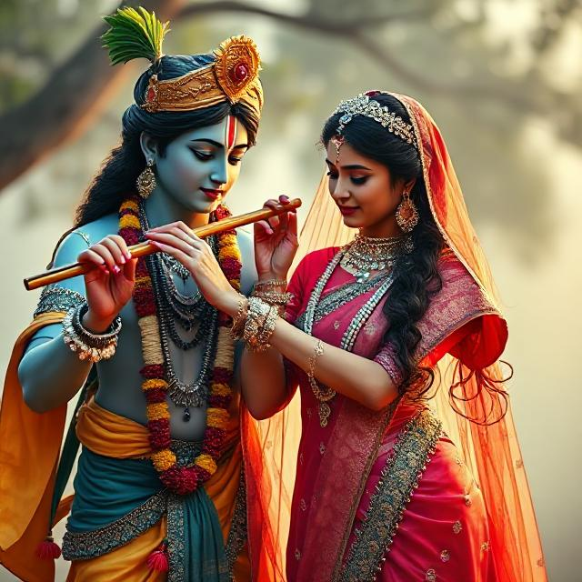 20+ Romantic Radha Krishna Photo- HD Images of Eternal Love 3 “Beautiful Radha Krishna standing together with divine expressions, Krishna holding a flute and Radha beside him in a graceful pose – a perfect glimpse of eternal love.”
