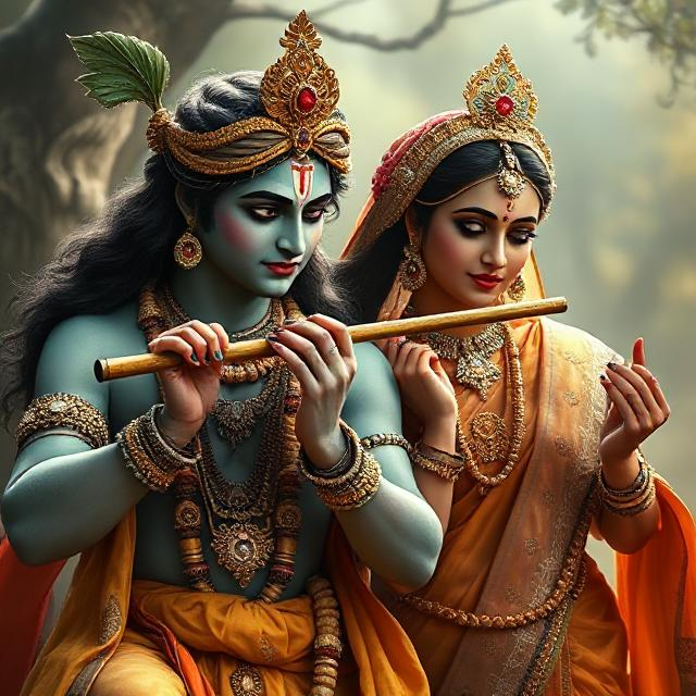 “Radha Krishna in divine attire, standing gracefully with Krishna playing the flute and Radha smiling with love – a serene glimpse of devotion.”