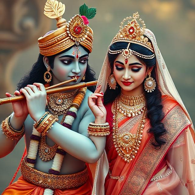 “Divine Radha Krishna HD image showing Krishna playing the flute while Radha stands beside him in a spiritual, peaceful posture.”