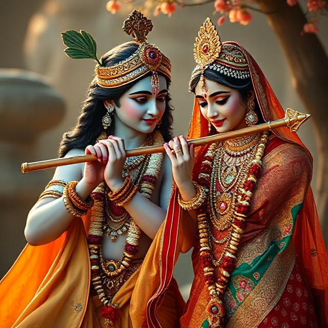30+ Radha Krishna Photo Love 18 “Radha Krishna in divine attire, standing gracefully with Krishna playing the flute and Radha smiling with love – a serene glimpse of devotion.”