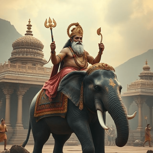 In this photo, Brihaspati Dev is sitting on his vehicle elephant. He has a weapon in his hand and divine energy is emanating from his face.