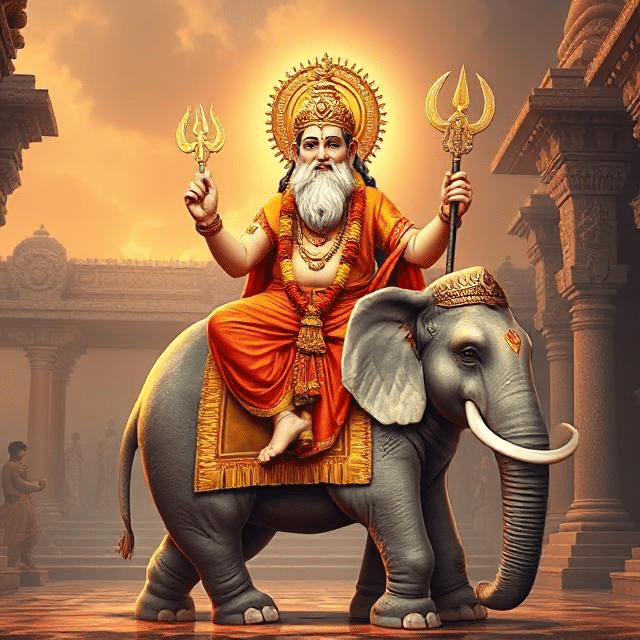 In this photo, Brihaspati Dev is sitting on his vehicle elephant. He has a weapon in his hand and divine energy is emanating from his face.