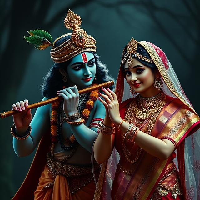 20+ Romantic Radha Krishna Photo- HD Images of Eternal Love 13 “Beautiful Radha Krishna standing together with divine expressions, Krishna holding a flute and Radha beside him in a graceful pose – a perfect glimpse of eternal love.”