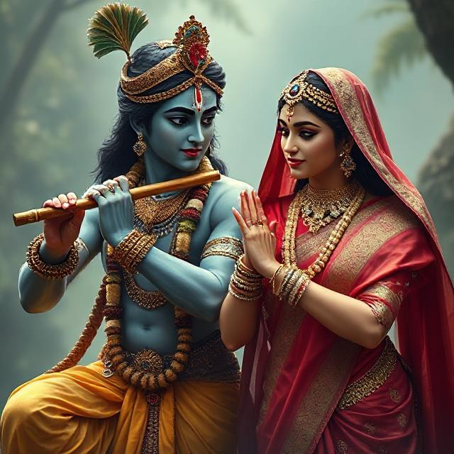 “Charming image of Radha Krishna in traditional clothes, Krishna with flute in hand and Radha gazing at him with pure devotion.”