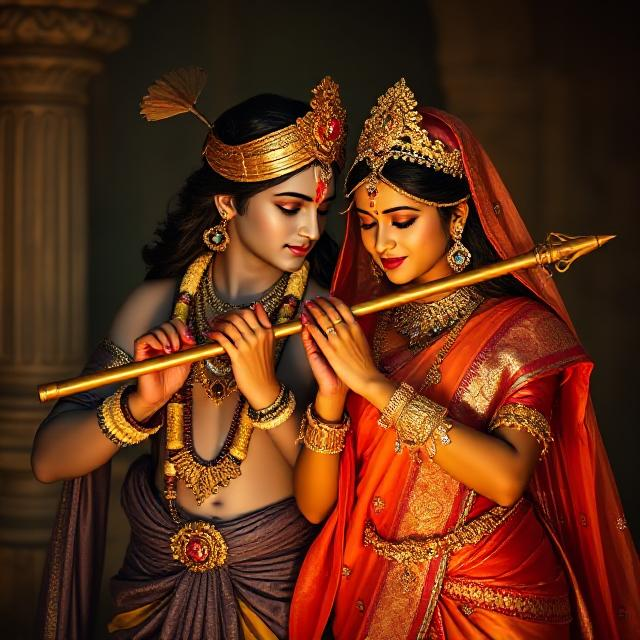 “Divine Radha Krishna HD image showing Krishna playing the flute while Radha stands beside him in a spiritual, peaceful posture.”