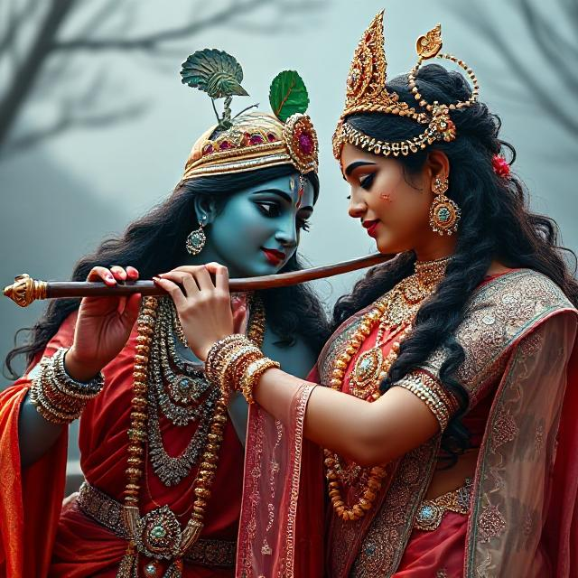 30+ Radha Krishna Photo Love 4 “Radha Krishna in divine attire, standing gracefully with Krishna playing the flute and Radha smiling with love – a serene glimpse of devotion.”
