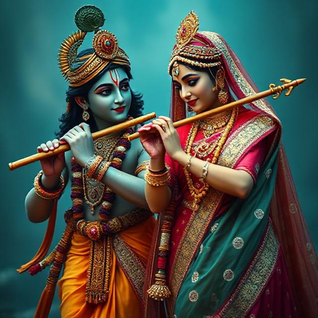 25+ Radha Krishna Real Photo: घर, मंदिर या स्टेटस के लिए बेस्ट फोटोज 4 “Radha Krishna in divine attire, standing gracefully with Krishna playing the flute and Radha smiling with love – a serene glimpse of devotion.”