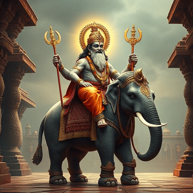 In this photo, Brihaspati Dev is sitting on his vehicle elephant. He has a weapon in his hand and divine energy is emanating from his face.