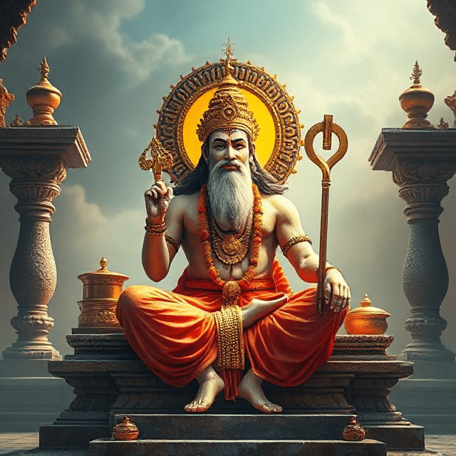 In this photo, Brihaspati Dev is sitting in his asana posture. In which he has a weapon in his hand and divine energy is emanating from his face.