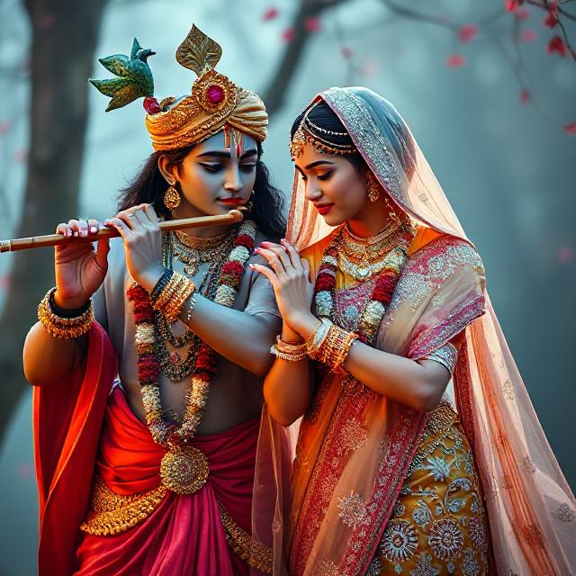 20+ Romantic Radha Krishna Photo- HD Images of Eternal Love 4 “Beautiful Radha Krishna standing together with divine expressions, Krishna holding a flute and Radha beside him in a graceful pose – a perfect glimpse of eternal love.”