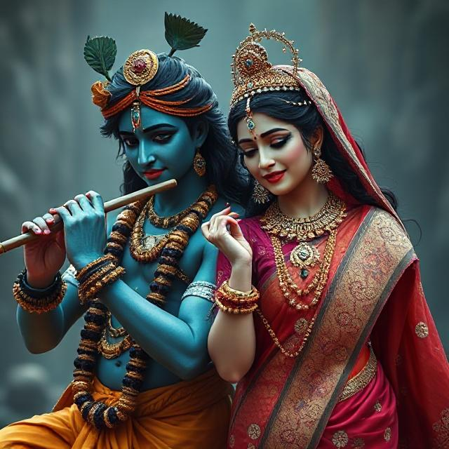 “Charming image of Radha Krishna in traditional clothes, Krishna with flute in hand and Radha gazing at him with pure devotion.”