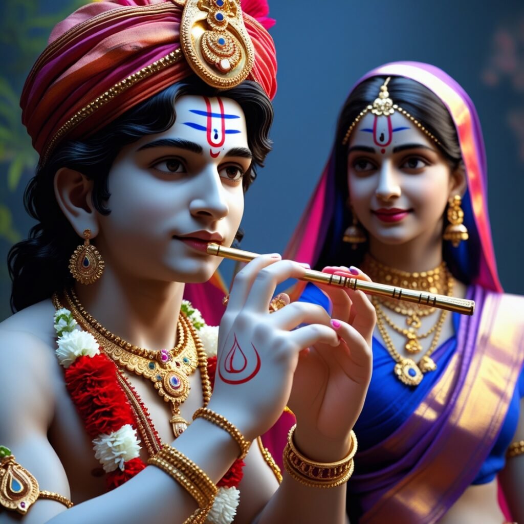 “Beautiful Radha Krishna standing together with divine expressions, Krishna holding a flute and Radha beside him in a graceful pose – a perfect glimpse of eternal love.”