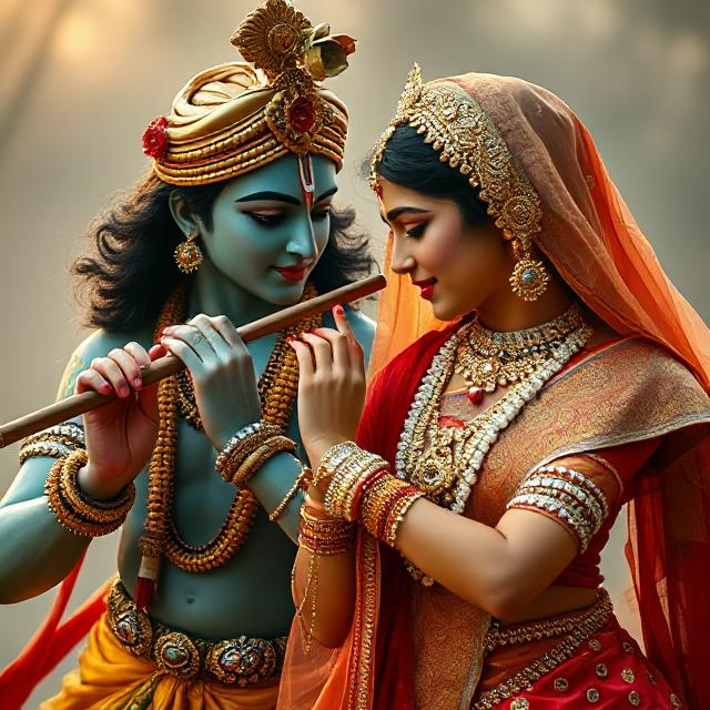 “Divine Radha Krishna HD image showing Krishna playing the flute while Radha stands beside him in a spiritual, peaceful posture.”