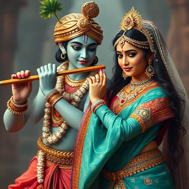 30+ Radha Krishna Photo Love 19 “Radha Krishna in divine attire, standing gracefully with Krishna playing the flute and Radha smiling with love – a serene glimpse of devotion.”
