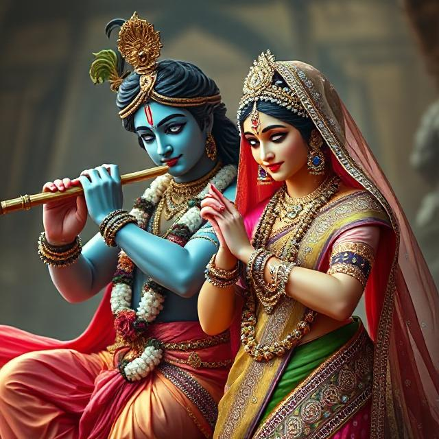 25+ Radha Krishna Real Photo: घर, मंदिर या स्टेटस के लिए बेस्ट फोटोज 17 “Radha Krishna in divine attire, standing gracefully with Krishna playing the flute and Radha smiling with love – a serene glimpse of devotion.”