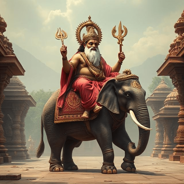 In this photo, Brihaspati Dev is sitting on his vehicle elephant. He has a weapon in his hand and divine energy is emanating from his face.