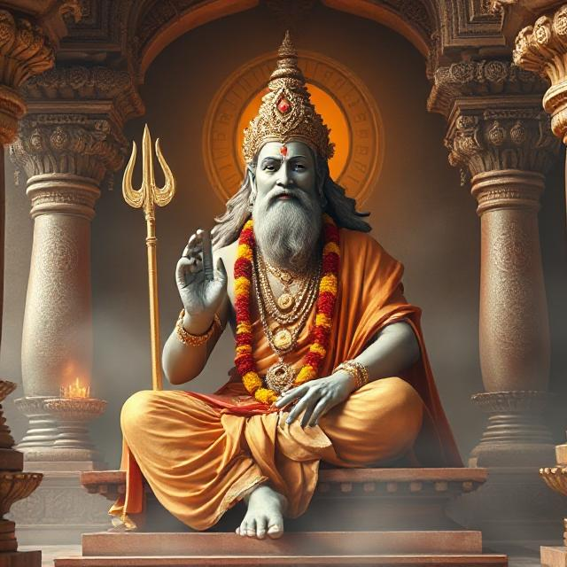 In this photo, Brihaspati Dev is sitting in his asana posture. In which he has a weapon in his hand and divine energy is emanating from his face.