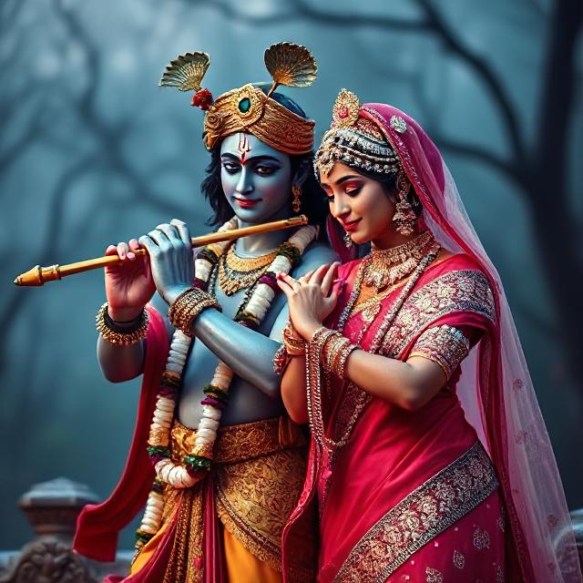 20+ Romantic Radha Krishna Photo- HD Images of Eternal Love 14 “Beautiful Radha Krishna standing together with divine expressions, Krishna holding a flute and Radha beside him in a graceful pose – a perfect glimpse of eternal love.”
