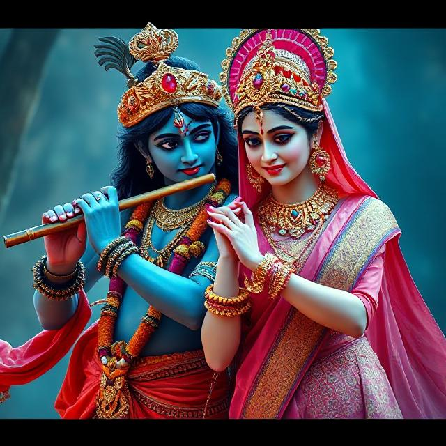 “Charming image of Radha Krishna in traditional clothes, Krishna with flute in hand and Radha gazing at him with pure devotion.”