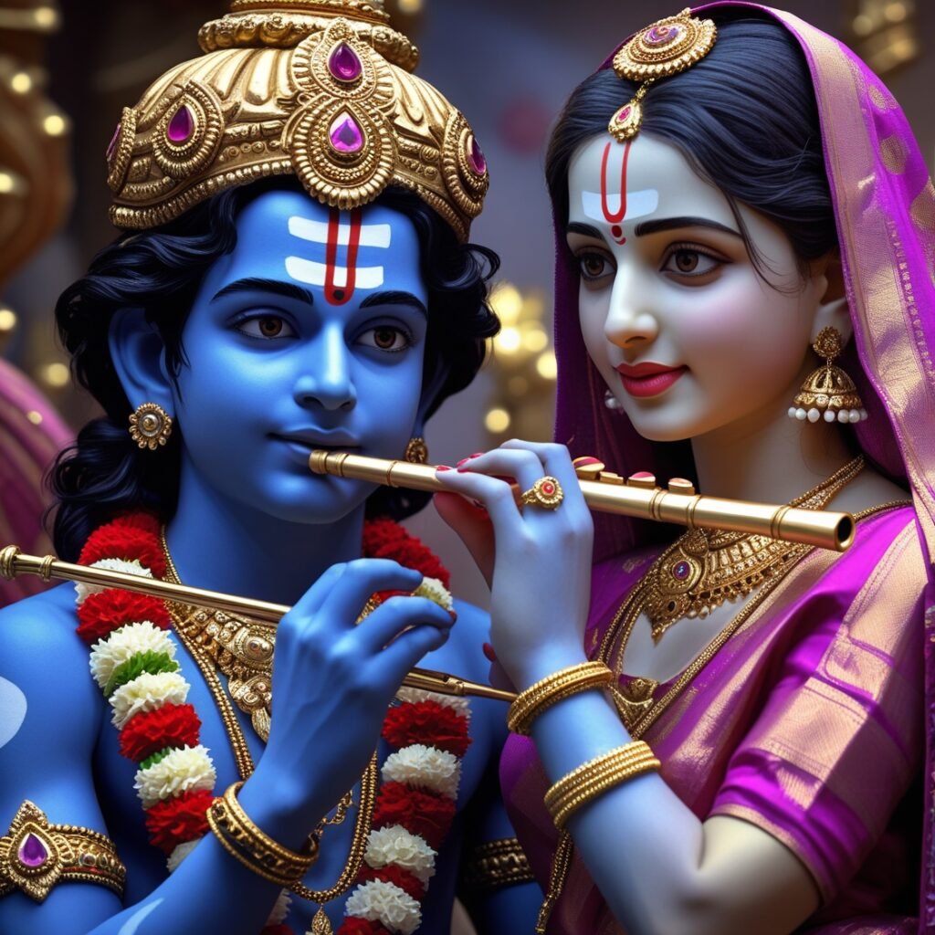 “Beautiful Radha Krishna standing together with divine expressions, Krishna holding a flute and Radha beside him in a graceful pose – a perfect glimpse of eternal love.”