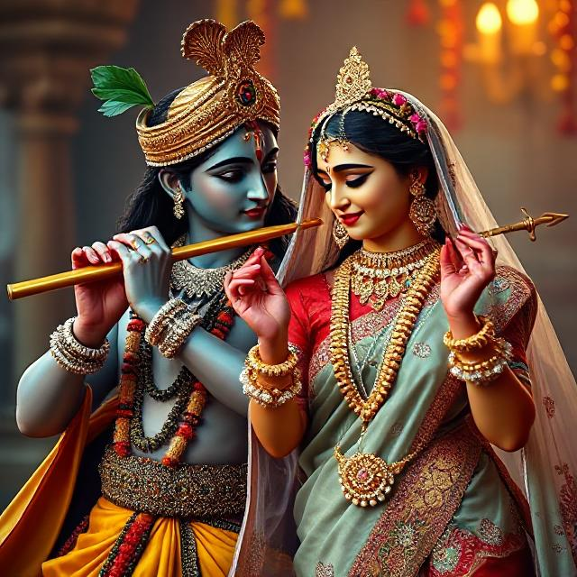 “Divine Radha Krishna HD image showing Krishna playing the flute while Radha stands beside him in a spiritual, peaceful posture.”