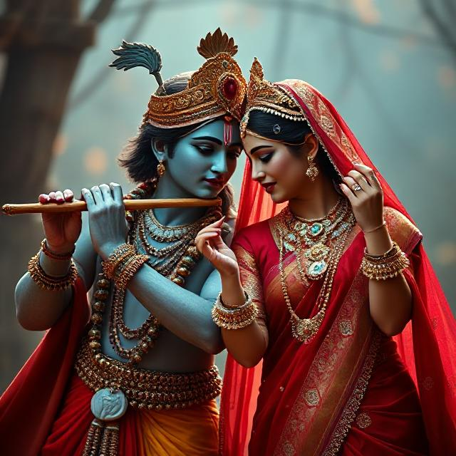 30+ Radha Krishna Photo Love 5 “Radha Krishna in divine attire, standing gracefully with Krishna playing the flute and Radha smiling with love – a serene glimpse of devotion.”