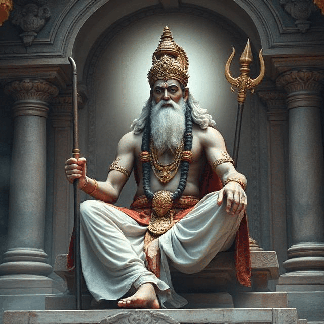 In this photo, Brihaspati Dev is sitting in his asana posture. In which he has a weapon in his hand and divine energy is emanating from his face.