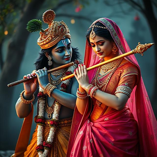 20+ Romantic Radha Krishna Photo- HD Images of Eternal Love 5 “Beautiful Radha Krishna standing together with divine expressions, Krishna holding a flute and Radha beside him in a graceful pose – a perfect glimpse of eternal love.”