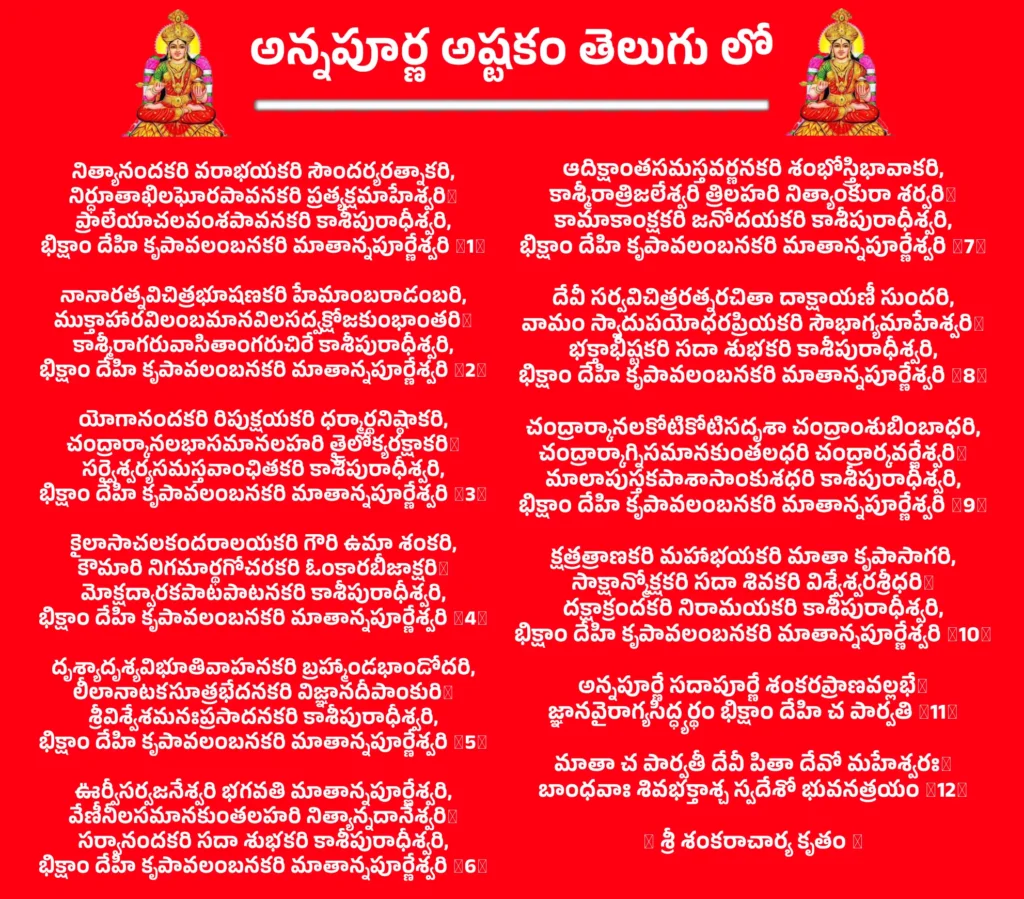 Annapurna Ashtakam In Telugu

నిత్యానందకరి వరాభయకరి సౌందర్యరత్నాకరి,
నిర్ధూతాఖిలఘోరపావనకరి ప్రత్యక్షమాహేశ్వరి॥
ప్రాలేయాచలవంశపావనకరి కాశీపురాధీశ్వరి,
భిక్షాం దేహి కృపావలంబనకరి మాతాన్నపూర్ణేశ్వరి ॥1॥

నానారత్నవిచిత్రభూషణకరి హేమాంబరాడంబరి,
ముక్తాహారవిలంబమానవిలసద్వక్షోజకుంభాంతరి॥
కాశ్మీరాగరువాసితాంగరుచిరే కాశీపురాధీశ్వరి,
భిక్షాం దేహి కృపావలంబనకరి మాతాన్నపూర్ణేశ్వరి ॥2॥

యోగానందకరి రిపుక్షయకరి ధర్మార్థనిష్ఠాకరి,
చంద్రార్కానలభాసమానలహరి త్రైలోక్యరక్షాకరి॥
సర్వైశ్వర్యసమస్తవాంఛితకరి కాశీపురాధీశ్వరి,
భిక్షాం దేహి కృపావలంబనకరి మాతాన్నపూర్ణేశ్వరి ॥3॥

కైలాసాచలకందరాలయకరి గౌరి ఉమా శంకరి,
కౌమారి నిగమార్థగోచరకరి ఓంకారబీజాక్షరి॥
మోక్షద్వారకపాటపాటనకరి కాశీపురాధీశ్వరి,
భిక్షాం దేహి కృపావలంబనకరి మాతాన్నపూర్ణేశ్వరి ॥4॥

దృశ్యాదృశ్యవిభూతివాహనకరి బ్రహ్మాండభాండోదరి,
లీలానాటకసూత్రభేదనకరి విజ్ఞానదీపాంకురి॥
శ్రీవిశ్వేశమనఃప్రసాదనకరి కాశీపురాధీశ్వరి,
భిక్షాం దేహి కృపావలంబనకరి మాతాన్నపూర్ణేశ్వరి ॥5॥

ఊర్వీసర్వజనేశ్వరి భగవతి మాతాన్నపూర్ణేశ్వరి,
వేణీనీలసమానకుంతలహరి నిత్యాన్నదానేశ్వరి॥
సర్వానందకరి సదా శుభకరి కాశీపురాధీశ్వరి,
భిక్షాం దేహి కృపావలంబనకరి మాతాన్నపూర్ణేశ్వరి ॥6॥

ఆదిక్షాంతసమస్తవర్ణనకరి శంభోస్త్రిభావాకరి,
కాశ్మీరాత్రిజలేశ్వరి త్రిలహరి నిత్యాంకురా శర్వరి॥
కామాకాంక్షకరి జనోదయకరి కాశీపురాధీశ్వరి,
భిక్షాం దేహి కృపావలంబనకరి మాతాన్నపూర్ణేశ్వరి ॥7॥

దేవీ సర్వవిచిత్రరత్నరచితా దాక్షాయణీ సుందరి,
వామం స్వాదుపయోధరప్రియకరి సౌభాగ్యమాహేశ్వరి॥
భక్తాభీష్టకరి సదా శుభకరి కాశీపురాధీశ్వరి,
భిక్షాం దేహి కృపావలంబనకరి మాతాన్నపూర్ణేశ్వరి ॥8॥

చంద్రార్కానలకోటికోటిసదృశా చంద్రాంశుబింబాధరి,
చంద్రార్కాగ్నిసమానకుంతలధరి చంద్రార్కవర్ణేశ్వరి॥
మాలాపుస్తకపాశాసాంకుశధరి కాశీపురాధీశ్వరి,
భిక్షాం దేహి కృపావలంబనకరి మాతాన్నపూర్ణేశ్వరి ॥9॥

క్షత్రత్రాణకరి మహాభయకరి మాతా కృపాసాగరి,
సాక్షాన్మోక్షకరి సదా శివకరి విశ్వేశ్వరశ్రీధరి॥
దక్షాక్రందకరి నిరామయకరి కాశీపురాధీశ్వరి,
భిక్షాం దేహి కృపావలంబనకరి మాతాన్నపూర్ణేశ్వరి ॥10॥

అన్నపూర్ణే సదాపూర్ణే శంకరప్రాణవల్లభే॥
జ్ఞానవైరాగ్యసిద్ధ్యర్థం భిక్షాం దేహి చ పార్వతి ॥11॥

మాతా చ పార్వతీ దేవీ పితా దేవో మహేశ్వరః॥
బాంధవాః శివభక్తాశ్చ స్వదేశో భువనత్రయం ॥12॥

॥ శ్రీ శంకరాచార్య కృతం ॥