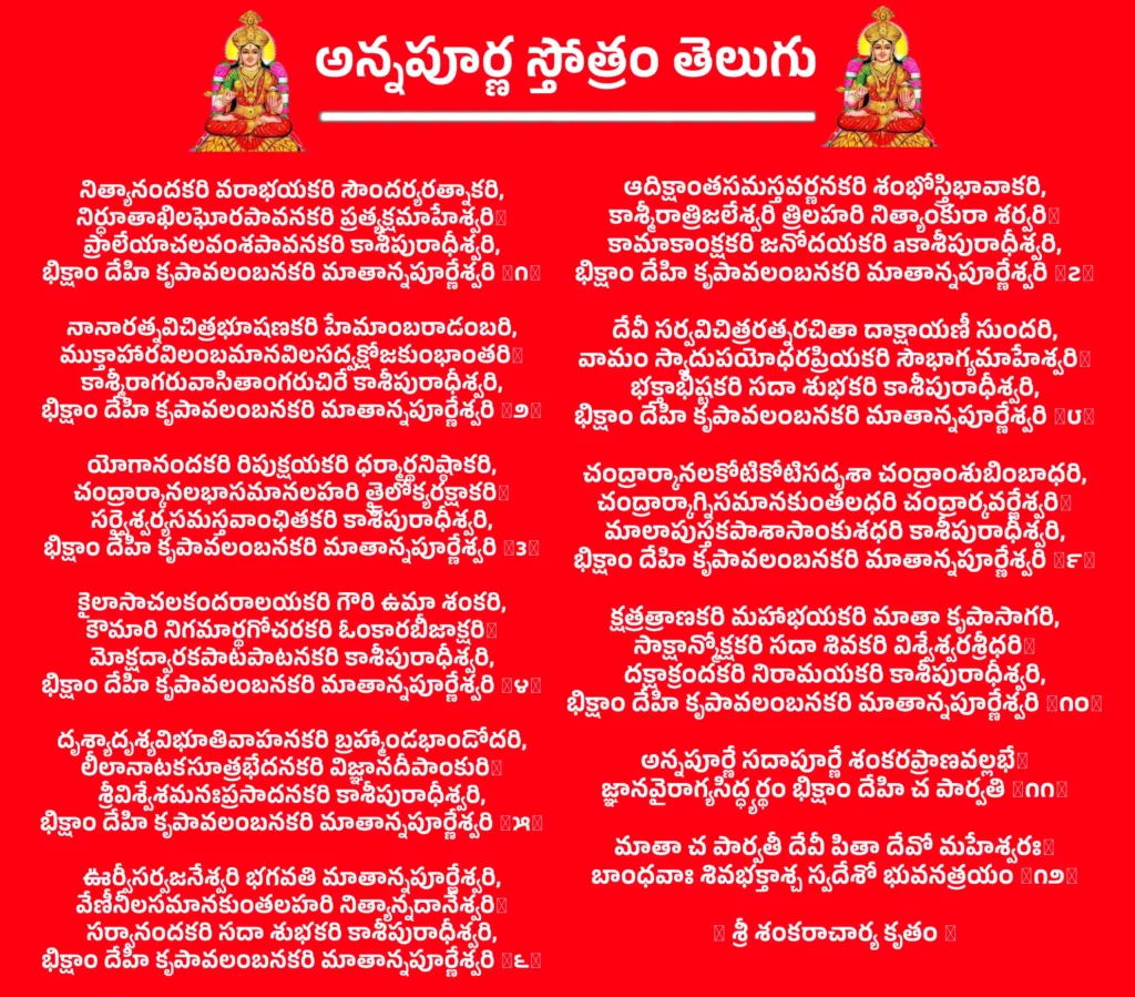 Annapurna Stotram Telugu

నిత్యానందకరి వరాభయకరి సౌందర్యరత్నాకరి,
నిర్ధూతాఖిలఘోరపావనకరి ప్రత్యక్షమాహేశ్వరి॥
ప్రాలేయాచలవంశపావనకరి కాశీపురాధీశ్వరి,
భిక్షాం దేహి కృపావలంబనకరి మాతాన్నపూర్ణేశ్వరి ॥౧॥

నానారత్నవిచిత్రభూషణకరి హేమాంబరాడంబరి,
ముక్తాహారవిలంబమానవిలసద్వక్షోజకుంభాంతరి॥
కాశ్మీరాగరువాసితాంగరుచిరే కాశీపురాధీశ్వరి,
భిక్షాం దేహి కృపావలంబనకరి మాతాన్నపూర్ణేశ్వరి ॥౨॥

యోగానందకరి రిపుక్షయకరి ధర్మార్థనిష్ఠాకరి,
చంద్రార్కానలభాసమానలహరి త్రైలోక్యరక్షాకరి॥
సర్వైశ్వర్యసమస్తవాంఛితకరి కాశీపురాధీశ్వరి,
భిక్షాం దేహి కృపావలంబనకరి మాతాన్నపూర్ణేశ్వరి ॥౩॥

కైలాసాచలకందరాలయకరి గౌరి ఉమా శంకరి,
కౌమారి నిగమార్థగోచరకరి ఓంకారబీజాక్షరి॥
మోక్షద్వారకపాటపాటనకరి కాశీపురాధీశ్వరి,
భిక్షాం దేహి కృపావలంబనకరి మాతాన్నపూర్ణేశ్వరి ॥౪॥

దృశ్యాదృశ్యవిభూతివాహనకరి బ్రహ్మాండభాండోదరి,
లీలానాటకసూత్రభేదనకరి విజ్ఞానదీపాంకురి॥
శ్రీవిశ్వేశమనఃప్రసాదనకరి కాశీపురాధీశ్వరి,
భిక్షాం దేహి కృపావలంబనకరి మాతాన్నపూర్ణేశ్వరి ॥౫॥

ఊర్వీసర్వజనేశ్వరి భగవతి మాతాన్నపూర్ణేశ్వరి,
వేణీనీలసమానకుంతలహరి నిత్యాన్నదానేశ్వరి॥
సర్వానందకరి సదా శుభకరి కాశీపురాధీశ్వరి,
భిక్షాం దేహి కృపావలంబనకరి మాతాన్నపూర్ణేశ్వరి ॥౬॥

ఆదిక్షాంతసమస్తవర్ణనకరి శంభోస్త్రిభావాకరి,
కాశ్మీరాత్రిజలేశ్వరి త్రిలహరి నిత్యాంకురా శర్వరి॥
కామాకాంక్షకరి జనోదయకరి కాశీపురాధీశ్వరి,
భిక్షాం దేహి కృపావలంబనకరి మాతాన్నపూర్ణేశ్వరి ॥౭॥

దేవీ సర్వవిచిత్రరత్నరచితా దాక్షాయణీ సుందరి,
వామం స్వాదుపయోధరప్రియకరి సౌభాగ్యమాహేశ్వరి॥
భక్తాభీష్టకరి సదా శుభకరి కాశీపురాధీశ్వరి,
భిక్షాం దేహి కృపావలంబనకరి మాతాన్నపూర్ణేశ్వరి ॥౮॥

చంద్రార్కానలకోటికోటిసదృశా చంద్రాంశుబింబాధరి,
చంద్రార్కాగ్నిసమానకుంతలధరి చంద్రార్కవర్ణేశ్వరి॥
మాలాపుస్తకపాశాసాంకుశధరి కాశీపురాధీశ్వరి,
భిక్షాం దేహి కృపావలంబనకరి మాతాన్నపూర్ణేశ్వరి ॥౯॥

క్షత్రత్రాణకరి మహాభయకరి మాతా కృపాసాగరి,
సాక్షాన్మోక్షకరి సదా శివకరి విశ్వేశ్వరశ్రీధరి॥
దక్షాక్రందకరి నిరామయకరి కాశీపురాధీశ్వరి,
భిక్షాం దేహి కృపావలంబనకరి మాతాన్నపూర్ణేశ్వరి ॥౧౦॥

అన్నపూర్ణే సదాపూర్ణే శంకరప్రాణవల్లభే॥
జ్ఞానవైరాగ్యసిద్ధ్యర్థం భిక్షాం దేహి చ పార్వతి ॥౧౧॥

మాతా చ పార్వతీ దేవీ పితా దేవో మహేశ్వరః॥
బాంధవాః శివభక్తాశ్చ స్వదేశో భువనత్రయం ॥౧౨॥

॥ శ్రీ శంకరాచార్య కృతం ॥