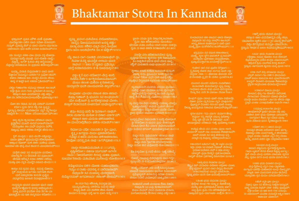 Bhaktamar Stotra In Kannada
ಓಮೇ ಶ್ರೀ ಆದಿನಾಥ
ಕಾಲಜಯಿ ಮಹಾಕಾವ್ಯ ಶ್ರೀಮನ್ನ್ಮಾತುಂಗಾಚಾರ್ಯ-ವಿರಚಿತಮ್ಭಕ್ತಾಮರ್-ಪ್ರಣತ-ಮೌಳಿ-ಮಣಿ-ಪ್ರಭಾಣಾ-
ಮುದ್ಯೋತಕಂ ದಲಿತ-ಪಾಪ-ತಮೋ-ವಿತಾನಮ್।
ಸಮ್ಯಕ್-ಪ್ರಣಮ್ಯ ಜಿನ್ ಪ-ಪಾದ-ಯುಗಂ ಯುಗಾದಾ-
ವಾಲಂಬನಂ ಭವ-ಜಲೇ ಪತತಾಂ ಜನಾನಾಮ್॥೧॥ಯ: ಸಂಸ್ತುತ: ಸಕಲ-ವಾಂ ಮಯ-ತತ್ವ-ಬೋಧಾ-
ದುದ್ಭೂತ-ಬುದ್ಧಿ-ಪಟುಭಿ: ಸುರ-ಲೋಕ-ನಾಥೈ:।
ಸ್ತೋತ್ರೈ: ಜಗತ್-ತ್ರಿತಯ-ಚಿತ್ತ-ಹರೈರುದಾರೈ:,
ಸ್ತೋಷ್ಯೇ ಕಿಲಾಹಮಪಿ ತಂ ಪ್ರಥಮಂ ಜಿನೇಂದ್ರಮ್॥೨॥ಬುದ್ಧ್ಯಾ ವಿನಾಪಿ ವಿವುದಾರ್ಚಿತ-ಪಾದ-ಪೀಠ!
ಸ್ತೋತುಂ ಸಮುದ್ಯತ-ಮತಿರ್ವಿಗತ-ತ್ರಪೋऽಹಮ್।
ಬಾಲಂ ವಿಹಾಯ ಜಲ-ಸಂಸ್ಥಿತ-ಮಿಂದು-ಬಿಂಬ-
ಅನ್ಯ: ಕ ಇಚ್ಛತಿ ಜನ: ಸಹಸಾ ಗ್ರಹೀತುಮ್॥೩॥ವಕ್ತುಂ ಗುಣಾಂಗಣ-ಸಮುದ್ರ! ಶಶಾಂಕ-ಕಾಂತಾನ್,
ಕಸ್ತೇ ಕ್ಷಮ: ಸುರ-ಗುರು-ಪ್ರತಿಮೋऽಪಿ ಬುದ್ಧ್ಯಾ।
ಕಲ್ಪಾಂತ-ಕಾಲ-ಪವನೋದ್ದತ-ನಕ್ರ-ಚಕ್ರಂ,
ಕೋ ವಾ ತಾರೀತುಮಲಮಂಬುನಿಧಿಂ ಭುಜಾಭ್ಯಾಂ॥೪॥ಸೋऽಹಂ ತಥಾಪಿ ತವ ಭಕ್ತಿ-ವಶಾನ್ ಮುನೀಶ!
ಕರ್ತುಂ ಸ್ತವಂ ವಿಗತ-ಶಕ್ತಿ-ರಪಿ ಪ್ರವೃತ್ತ:।
ಪ್ರೀತ್ಯಾತ್ಮ-ವೀರ್ಯ-ಮವಿಚಾರ್ಯ ಮೃಗಿ ಮೃಗೇಂದ್ರಂ
ನಾಭ್ಯೇತಿ ಕಿಂ निज-ಶಿಶೋ: ಪರಿಪಾಲನಾರ್ಥಮ್॥೫॥ಅಲ್ಪ-ಶ್ರುತಂ ಶ್ರುತವತಾಂ ಪರಿಹಾಸ-ಧಾಮ,
ತ್ವದ್ಭಕ್ತಿರೇವ ಮುಖರಿ-ಕುರುತೆ ಬಲಾನ್‍ಮಾಮ್।
ಯತ್ಕೋಕಿಲ: ಕಿಲ ಮಧೌ ಮಧುರಂ ವಿರೌತಿ,
ತಚ್ಚಾಮ್ರ-ಚಾರು-ಕಲಿಕಾ-ನಿಕರೈಕ-ಹೇತು:॥೬॥ತ್ವತ್-ಸಂಸ್ತವेन ಭವ-ಸಂತತಿ-ಸನ್ನಿಬದ್ದಂ,
ಪಾಪಂ ಕ್ಷಣಾತ್-ಕ್ಷಯಮುಪೈತಿ ಶರೀರಭಾಜಾಂ।
ಆಕ್ರಾಂತ-ಲೋಕ್-ಮಲಿ-ನೀಲ-ಮಶೇಷ-ಮಾಶು,
ಸೂರ್ಯಾಂಶು-ಭಿನ್ನ-ಮಿವ ಶಾರ್ವರ-ಮಂಧಕಾರಮ್॥೭॥ಮತ್ವೇತಿ ನಾಥ! ತವ ಸಂಸ್ತವನಂ ಮಯೇದ,
ಮಾರಭ್ಯತೇ तनು-ಧಿಯಾಪಿ ತವ ಪ್ರಭಾವಾತ್।
ಚೇತೋ ಹರಿಷ್ಯತಿ ಸತಾಂ ನಲಿನೀ-ದಲೆಷು,
ಮುಕ್ತಾ-ಫಲ-ದ್ಯುತಿ-ಮುಪೈತಿ ನನೂದ-ಬಿಂದು:॥८॥ಆಸ್ತಾಂ ತವ ಸ್ತವನ-ಮಸ್ತ- ಸಮಸ್ತ-ದೋಷಂ,
ತ್ವತ್-ಸಂಕ್ರತಾಽಪಿ ಜಗತಾಂ ದುರಿತಾನಿ ಹಂತಿ।
ದುರೆ ಸಹಸ್ರಕಿರಣ: ಕುರುತೇ ಪ್ರಭೈವ,
ಪದ್ಮಾಕರೆಷು ಜಲಜನಿ ವಿವಾಕ್ಷಭಾಂಜಿ॥೯॥ನಾತ್ಯದ್ಭುತಂ ಭುವನ-ಭೂಷಣ! ಭೂತ-ನಾಥ!
ಭೂತೈರ್ಗುಣೈರ್ಭುವಿ ಭವನ್ತ-ಅಭಿಷ್ತುವಂತ:।
ತುಲ್ಯಾ ಭವಂತಿ ಭವತೋ ನನು ತೆನ ಕಿಂ ವಾ
ಭೂತ್ಯಾಶ್ರಿತಂ ಯ ಇಹ ನಾತ್ಮಸಮಂ ಕರೋತಿ॥१०॥ದೃಷ್ಟ್ವಾ ಭವಂತ ಮನಿಮೇಷ-ವಿಲೋಕನೀಯಂ,
ನಾನ್ಯತ್ರ-ತೋಷಮುದಯಾತಿ ಜನಸ್ಯ ಚಕ್ಷು:।
ಪೀತ್ವಾ ಪಯ: ಶಶಿಕರ-ದ್ಯೂತಿ-ದುಗ್ಧ-ಸಿಂಧೋ:
ಕ್ಷಾರಂ ಜಲಂ ಜಲನಿಧೇರ್‌ಸಿ ತುಂ ಕ ಇಚ್ಛೇತ್?॥೧೧॥ಯೈ: ಶಾಂತ-ರಾಗ-ರೂಚಿಭಿ: ಪರಮಾಣುಭಿಸ್-ತ್ವಂ,
ನಿರ್ಮಾಪಿತಸ್ತ್ರಿ-ಭುವನೈಕ-ಲಲಾಮ-ಭೂತ!
ತಾವಂತ एव ಖಲು ತೆऽಪ್ಯಣವ: ಪ್ರಥಿವ್ಯಾಂ,
ಯತ್ತೆ ಸಮಾನಮಪರಂ ನ ಹಿ ರೂಪಮಸ್ತಿ॥೧೨॥ವಕ್ತ್ರಂ ಕ್ವ ತೆ ಸುರ-ನರೋರಗ-ನೇತ್ರ-ಹಾರಿ,
ನಿಷೇಷ-ನಿರ್ಜಿತ-ಜಗತ್ತ್ರಿತಯೋಪಮಾನಮ್।
ಬಿಂಬಂ ಕಲಂಕ-ಮಲಿನಂ ಕ್ವ ನಿಶಾಕರಸ್ಯ,
ಯದ್ವಾಸರೇ ಭವತಿ ಪಾಂಡುಪಲಾಶ-ಕಲ್ಪಮ್॥೧೩॥ಸಂಪೂರ್ಣ-ಮಂಡಲ-ಶಶಾಂಕ-ಕಲಾ-ಕಲಾಪ-
ಶುಭ್ರಾ ಗುಣಾಸ್-ತ್ರಿ-ಭುವನಂ ತವ ಲಂಘಯಂತಿ।
ಯೇ ಸಂಶ್ರಿತಾಸ್-ತ್ರಿ-ಜಗದೀಶ್ವರನಾಥ-ಮೇಕಂ,
ಕಸ್ತಾನ್ ನಿವಾರಯತಿ ಸಂಚರತೋ ಯಥೇಷ್ಠಮ್॥೧೪॥ಚಿತ್ರಂ-ಕಿಮತ್ರ ಯದಿ ತೇ ತ್ರಿದಶಾಂಗ-ನಾಭಿರ್-
ನೀತಂ ಮನಾಗಪಿ ಮನೋ ನ ವಿಕಾರ-ಮಾರ್ಗಮ್।
ಕಲ್ಪಾಂತ-ಕಾಲ-ಮರುತಾ ಚಲಿತಾಚಲೇನ,
ಕಿಂ ಮಂದರಾದ್ರಿಶಿಖರಂ ಚಲಿತಂ ಕದಾಚಿತ್॥೧೫॥ನಿರ್ಧೂಮ-ವರ್ಥಿ-ರಪವರ್ಜಿತ-ತೈಲ-ಪೂರ:,
ಕೃತ್ಸ್ನಂ ಜಗತ್ತ್ರಯ-ಮಿದಂ ಪ್ರಕಟೀಕರೋಸಿ।
ಗಮ್ಯೋ ನ ಜಾತು ಮರುತಾಂ ಚಲಿತಾಚಲಾನಾಂ,
ದೀಪೋऽಪರಸ್ತ್ವಮಸಿ ನಾಥ ! ಜಗತ್‌ಪ್ರಕಾಶ:॥೧೬॥ನಾಸ್ತಂ ಕದಾಚಿದುಪಯಾಸಿ ನ राहುಗಮ್ಯ:
ಸ್ಪಷ್ಟೀಕರೋṣi ಸಹಸಾ ಯುಗಪಜ್-ಜಗಂತಿ।
ನಾಮ्भೋದರೋದರ-ನಿರುದ್ಧ-ಮಹಾ-ಪ್ರಭಾವ:,
ಸೂರ್ಯಾತಿಶಾಯಿ-ಮಹಿಮಾಸಿ ಮುನೀಂದ್ರ! ಲೋಕೇ॥೧೭॥ನಿತ್ಯೋದಯಂ ದಲಿತ-ಮೋಹ-ಮಹಾಂಧಕಾರಂ,
ಗಮ್ಯಂ ನ ರಾಹು-ವದನಸ್ಯ ನ ವಾರಿದಾನಾಮ್।
ವಿಭ್ರಾಜತೇ ತವ ಮುಖಾಬ್ಜ-ಮನಲ್ಪಕಾಂತಿ,
ವಿದ್ಯೋತಯಜ್-ಜಗದಊರ್ಪ-ಶಶಾಂಕ್-ಬಿಂಬಮ್॥೧೮॥ಕಿಂ ಶರ್ವರಿಷು ಶಶಿನಾಹ್ನಿ ವಿವಸ್ವತಾ ವಾ,
ಯುಷ್ಮನ್ನುಖೇಂದ್ರು-ದಲಿತೇಷು ತಮ:ಸು ನಾಥ!
ನಿಷ್ಪನ್ನ-ಶಾಲಿ-ವನ-ಶಾಲಿನೀ ಜೀವ-ಲೋಕೆ,
ಕಾರ್ಯಂ ಕಿಯಜ್ಜಲ-ಧರೈ-ರ್ಜಲ-ಭಾರ-ನಮೈ:॥೧೯॥ಜ್ಞಾನಂ ಯಥಾ ತ್ವಯಿ ವಿಶ್ರಾಂತಿಕೃತಾವಕಾಶಂ,
ನೈವಂ ತಥಾ ಹರಿಹರಾದಿಷು ನಾಯಕೆಷು।
ಛೇಯೋ ಮಹಾ ಮಣಿಷು ಯಾತಿ ಯಥಾ ಮಹತ್ವಂ,
ನೈವಂ ತು ಕಾಚ-ಶಕಲೇ ಕಿರಣಾಕುಲೇऽಪಿ॥೨೦॥ಮಾನ್ಯೇ ವರಂ ಹರಿಹರಾದಯೇವ ದೃಷ್ಠಾ,
ದೃಷ್ಠೇಷು ಯೇಷು ಹೃದಯಂ ತ್ವಯಿ ತೋಷಮೇತಿ।
ಕಿಂ ವೀಕ್ಷಿತೇನ ಭವತಾ ಭುವಿ ಯೇನ ನಾನ್ಯ:,
ಕಶ್ಚಿನ್ ಮನುಹರತಿ ನಾಥ! ಭವಾಂತರೆऽಪಿ॥೨೧॥ಸ್ತ್ರೀಣಾಂ ಶತಾನಿ ಶತಶೋ ಜನಯಂತಿ ಪುತ್ರಾನ್,
ನಾನ್ಯಾ ಸುತಂ ತ್ವದುಪಮಂ ಜನನಿ ಪ್ರಸುತಾ।
ಸರ್ವಾ ದಿಶೋ ದಧತಿ ಭಾನಿ ಸಹಸ್ರ-ರಶ್ಮಿಂ,
ಪ್ರಾಚ್ಯೇವ ದಿಗ್ಜನಯತಿ ಸ್ಫುರದಂಶು-ಜಾಲಮ್॥೨೨॥ತ್ವಾಮಾಮನಂತಿ ಮುನಯ: ಪರಮಂ ಪುಮಾಂ-
ಸಾದಿತ್ಯ-ವರ್ಣ-ಮಮಲಂ ತಮಸ: ಪುರಸ್ತಾತ್।
ತ್ವಾಮೇವ ಸಮ್ಯ-ಗುಪಲಭ್ಯ ಜಯಂತಿ ಮೃದ್ಯಾಂ,
ನಾನ್ಯ: ಶಿವ: ಶಿವಪದಸ್ಯ ಮುನೀಂದ್ರ! ಪಂಥಾ:॥೨೩॥ತ್ವಾ-ಮವ್ಯಯಂ ವಿಭು-ಮಚಿಂತ್ಯ-ಮಸಂಖ್ಯ-ಮಾದ್ಯಂ,
ಬ್ರಹ್ಮಾಣಮೀಶ್ವರ-ಅನಂತ-ಮನಂಗ-ಕೇತುಂ।
ಯೋಗೀಶ್ವರಂ ವಿದ್ಯಿತ-ಯೋಗ-ಮನೆಕ-ಮೇಕಂ,
ಜ್ಞಾನ-ಸ್ವರೂಪ-ಮಮಲಂ ಪ್ರವದಂತಿ ಸಂತ:॥२४॥ಬುದ್ಧಸ್ತ್ವಮೇವ ವಿಭುದಾರ್ಚಿತ-ಬುದ್ಧಿ-ಬೋಧಾತ್,
ತ್ವಂ ಶಂಕರೋऽಸಿ ಭುವನ-ತ್ರಯ-ಶಂಕರತ್ವಾತ್।
ಧಾತಾಸಿ ಧೀರ! ಶಿವ-ಮಾರ್ಗ ವಿಧೇವಿಧಾನಾದ್,
ವ್ಯಕ್ತಂ ತುಮೇವ ಭಗವನ್ ಪುರುಷೋತ್ತಮೋऽಸಿ॥२५॥ತುಭ್ಯಂ ನಮ: ತ್ರಿಭುವನಾರ್ತಿ-ಹರಾಯ ನಾಥ!
ತುಭ್ಯಂ ನಮ: ಕ್ಷಿತಿತಲಾಮಲ-ಭೂಷಣಾಯ।
ತುಭ್ಯಂ ನಮ: ತ್ರಿಜಗತಃ ಪರಮೇಶ್ವರಾಯ,
ತುಭ್ಯಂ ನಮೋ ಜಿನ! ಭವೋದಧಿ-ಶೋಷಣಾಯ॥২৬॥ಕೊ ವಿಶ್ಮಯೋऽತ್ರ ಯದಿ ಹೆಸರು ಗುಣೈ-ರಶೇಷೈ:
त्वं संश्रितो निरवकाशतया मुनीश!
ದೋಷೈ-ರೂಪಾತ್ತ-ವಿವಿಧಾಶ್ರಯ-ಜಾತ-ಗರ್ವೈ:,
ಸ್ವಪ್ನಾಂತರೆऽಪಿ ನ ಕದಾಚಿದಪೀಕ್ಷಿತೋऽಸಿ॥೨೭॥ಉಚ್ಚೈ-ರಶೋಕ್-ತರು-ಸಂಶ್ರಿತಮುನ್ನಮೂಖ-
ಮಾಭಾತಿ ರೂಪಮಮಲಂ ಭವತೋ ನಿಯಂತಮ್।
ಸ್ಪಷ್ಟೋಲ್ಲಸತ್-ಕಿರಣಮಸ್ತ-ತಮೋ-ವಿತಾನಂ,
ಬಿಂಬಂ ರವೇರಿ ವಯೋಧರ-ಪಾಶ್ರ್ವವರ್ತೀ॥೨೮॥ಸಿಂಹಾಸನೆ ಮಾಣಿ-ಮಯೂಖ-ಶಿಖಾ-ವಿಚಿತ್ರೇ,
ವಿಭ್ರಾಜತೇ ತವ ವಪು: ಕನಕಾವದಾತಮ್।
ಬಿಂಬಂ ವಿಯದ್-ವಿಲಸ-ದಂಶುಲತಾ-ವಿತಾನಂ,
ತುಂಗೋದಯಾದ್ರಿ-ಶಿರಸೀವ ಸಹಸ್ರ-ರಶ್ಮೇ:॥೨೯॥ಕುಂದಾವದಾತ-ಚಲ-ಚಾಮರ-ಚಾರು-ಶೋಭಂ,
ವಿಭ್ರಾಜತೇ ತವ ವಪು: ಕಲಧೌತ-ಕಾಂತಮ್।
ಉದ್ಚ್ಯಶಶಾಂಕ-ಶುಚಿನಿರ್ಝರ-ವಾರಿ-ಧಾರ-
ಮುಚ್ಚೈಸ್ತಟಂ ಸುರಗಿರೇರಿವ ಶಾತಕೌಂಭಮ್॥३०॥ಛತ್ರತ್ರಯಂ-ತವ-ವಿಭಾತಿ ಶಶಾಂಕಕಾಂತ,
ಮುಚ್ಚೈ: ಸ್ಥಿತಂ ಸ್ಥಗಿತ ಭಾನುಕರ್-ಪ್ರತಾಪಮ್।
ಮುಕ್ತಾಫಲ-ಪ್ರಕರಜಾಲ-ವಿವೃದ್ದಶೋಭಂ,
ಪ್ರಖ್ಯಾಪಯತ್ತ್ರಿಜಗತಃ ಪರಮೇಶ್ವರತ್ವಮ್॥೩೧॥ಗಂಭೀರ-ತಾರ-ರವ-ಪೂರಿತ-ದಿಗ್ವಿಭಾಗस्-
ತ್ರೈಲೋಕ್ಯ-ಲೋಕ-ಶುಭ-ಸಂಗಮ-ಭೂತಿ-ದಕ್ಷ:।
ಸದ್ದರ್ಮ-ರಾಜ-जय-ಘೋಷಣ-ಘೋಷಕ: ಸನ್,
ಖೆ ದುಂದುಭಿ-ಧ್ರ್ವನತಿ ತೇ ಯಶಸ: ಪ್ರವಾದಿ॥೩೨॥ಮಂದಾರ-ಸುಂದರ-ನಮೇರು-ಸುಪಾರಿಜಾತ-
ಸಂತಾನಕಾದಿ-ಕುಸುಮೋತ್ಕರ-ವೃಷ್ಟಿ-ರುದ್ದಾ।
ಗಂಧೋದ-ಬಿಂದು-ಶುಭ-ಮಂದ-ಮರುತ್ಪ್ರಪಾತಾ,
ದಿವ್ಯಾ ದಿವ: ಪತತಿ ತೇ ವಚಸಾಂ ತತಿರ್ವಾ॥೩೩॥ಶುಂಭತ್-ಪ್ರಭಾ-ವಲಯ-ಭೂರಿ-ವಿಭಾ-ವಿಭೋಸ್ತೇ,
ಲೋಕ-ತ್ರಯೇ-ದ್ಯುತಿಮತಾಂ ದ್ಯುತಿ-ಮಾಕ್ಷಿಪಂತೀ।
ಪ್ರೋದ್ಯದ್-ದಿವಾಕರ-ನಿರಂತರ-ಭೂರಿ-ಸಂಖ್ಯಾ,
ದೀಪ್ತ್ಯಾ ಜಯತ್ಯಪಿಯ ನಿಶಾಮಪಿ ಸೋಮಸೌಮ್ಯಾಮ್॥೩೪॥ಸ್ವರ್ಗಾಪವರ್ಗ-ಗಮ-ಮಾರ್ಗ-ವಿಮಾರ್ಗಣೇಷ್ಠ:,
ಸದ್ದರ್ಮ-ತತ್ತ್ವ-ಕಥನೈಕ-ಪಟುಸ್ಸ-ತ್ರಿಲೋಕ್ಯ:।
ದಿವ್ಯ-ಧ್ವನಿ-ರ್ಭವತಿ ತೇ ವಿಶದಾರ್ಥ-ಸರ್ವ-
ಭಾಷಾಸ್ವಭಾವ-ಪರಿಣಾಮ-ಗುಣೈ: ಪ್ರಯೋಜ್ಯ:॥೩೫॥ಉನ್ನಿದ್ರ-ಹೇಮ-ನವ-ಪಂಕಜ-ಪುಂಜ-ಕಾಂತಿ,
ಪರ್ಯುಲ್-ಲಸನ್-ನಖ-ಮಯೂಖ-ಶಿಖಾಭಿರಾಮೌ।
ಪಾದೌ ಪದಾನಿ ತವ ಯತ್ರ ಜಿನೇಂದ್ರ! ಧತ್ತ:,
ಪದ್ಮಾನಿ ತತ್ರ ವಿವುದ್ಧಾ: ಪರಿಕಲ್ಪಯಂತಿ॥೩೬॥॥ಅಂತರಂಗ-ಬಹಿರಂಗ ಲಕ್ಷ್ಮಿ ಕೇ ಸ್ವಾಮಿ ಮಂತ್ರ॥
ಇತ್ತಂ ಯಥಾ ತವ ವಿಭೂತಿ-ರಭೂಜ್-ಜಿನೇಂದ್ರ್ರ!
ಧರ್ಮೋಪದೇಶನ-ವಿಧೌ ನ ತಥಾ ಪರಸ್ಯ।
ಯಾದೃಕ್-ಪ್ರಭಾ ದಿನಕೃತ: ಪ್ರಹತಾಂಧಕಾರಾ,
ತಾದೃಕ್-ಕುತೋ ಗ್ರಹಗಣಸ್ಯ ವಿಕಾಸಿನೋऽಪಿ॥೩೭॥॥ಹಸ್ತಿ ಭಯ ನಿವಾರಣ ಮಂತ್ರ॥
ಶ್ಚ್ಯೋ-ತನ್-ಮದಾವಿಲ-ವಿಲೋಲ-ಕಪೋಲ-ಮೂಲ,
ಮತ್ತ-ಭ್ರಮದ್-ಭ್ರಮರ-ನಾದ-ವಿವೃದ್ಧ-ಕೊಪಮ್।
ಏರಾವತಾಭಮಿಭ-ಮುದ್ಧತ-ಮಾಪತಂತಂ,
ದೃಷ್ಠ್ವಾ ಭಯಂ ಭವತಿ ನೋ ಭವದಾಶ್ರಿತಾನಾಮ್॥೩೮॥॥ಸಿಂಹ-ಭಯ-ವಿದುರಣ ಮಂತ್ರ॥
ಭಿನ್ನೇಭ-ಕುಂಭ-ಗಲ-ದುಜ್ಜ್ವಲ-ಶೋಣಿತಾಕ್ತ,
ಮುಕ್ಟಾ-ಫಲ-ಪ್ರಕರಭೂಷಿತ-ಭೂಮಿ-ಭಾಗ:।
ಬದ್ದ-ಕ್ರಮ: ಕ್ರಮ-ಗತಂ ಹರಿಣಾಧಿಪೋऽಪಿ,
ನಾಕ್ರಾಮತಿ ಕ್ರಮ-ಯುಗಾಚಲ-ಸಂಶ್ರಿತಂ ತೇ॥೯೯॥॥ಅಗ್ನಿ ಭಯ-ಶಮನ ಮಂತ್ರ॥
ಕಲ್ಪಾಂತ-ಕಾಲ-ಪವನೋದ್ಯತ-ವಹ್ನಿ-ಕಲ್ಪಂ,
ದಾವಾನಲಂ ಜ್ವಲಿತ-ಮುज्ज್ವಲ-ಮುತ್ಸ್ಫುಲಿಂಗಮ್।
ವಿಶ್ವಂ ಜಿಗತ್ಸುಮಿವ ಸಮ್ಮುಖ-ಮಾಪತಂತಂ,
ತ್ವನ್ನಾಮ-ಕೀರ್ಥನ-ಜಲಂ ಶಮಯತ್ಯಶೇಷಮ್॥೪೦॥॥ಸರ್ಪ-ಭಯ-ನಿವಾರಣ ಮಂತ್ರ॥
ರಕ್ತೇಕ್ಷಣಂ ಸಮದ-ಕೋಕಿಲ-ಕಂಠ-ನೀಲಮ್,
ಕ್ರೋಧೋದ್ದತಂ ಫಣಿನ-ಉತ್ಫಣ-ಮಾಪತಂತಮ್।
ಆಕ್ರಮತಿ ಕ್ರಮ-ಯುಗೇಣ ನಿರಸ್ತ-ಶಂಕಸ್-
ತ್ವನ್ನಾಮ-ನಾಗದಮನಿ ಹೃದಯ ಯಸ್ಯ ಪುಂಸ:॥೪೧॥॥ರಣ-ರಂಗೆ-ಶತ್ರು ಪರಾಜಯ ಮಂತ್ರ॥
ವಲ್ಗತ್-ತುರಂಗ-ಗಜ-ಗರ್ಜಿತ-ಭೀಮನಾದ-
ಮಾಜೌ ಬಾಲಂ ಬಾಲವತಾ-ಅಪಿ-ಭೂಪತೀನಾಮ್।
ಉದ್ಯದ್-ದಿವಾಕರ-ಮಯೂಖ-ಶಿಖಾಪವಿದ್ಧಂ
ತ್ವತ್ಕೀರ್ತನಾತ್ತಮಿವಾಶು ಭಿದಾಮುಪೈತಿ:॥೪೨॥॥ರಣರಂಗ ವಿಜಯ ಮಂತ್ರ॥
ಕುಂಟಾಗ್ರ-ಭಿನ್ನ-ಗಜ-ಶೋಣಿತ-ವಾರಿವಾಹ,
ವೇಗಾವತಾರ-ತರಣಾತುರ-ಯೋಧ-ಭೀಮೇ।
ಯುದ್ಧೇ ಜಯಂ ವಿಜಯಿತ-दುರ್ಜಯ-ಜೇಯ-ಪಕ್ಷಾ:
ತ್ವತ್ಪಾದ-ಪಂಕಜ-ವನಾಶ್ರಯಿಣೋ ಲಭಂತೇ:॥೪೩॥॥ಸಮುದ್ರ ಉಲಂಗಣ ಮಂತ್ರ॥
ಅಂಭೋನಿಧೌ ಕ್ಷುಭಿತ-ಭೀಷಣ-ನಕ್ರ-ಚಕ್ರ-
ಪಾಠೀನ-ಪೀಠ-ಭಯ-ದೋಲ್ವಣ-ವಾಡವಾಗ್ನೌ।
ರಂಗತ್ತರಂಗ-ಶಿಖರ-ಸ್ಥಿತ-ಯಾನ-ಪಾತ್ರಾ:
ತ್ರಾಸಂ ವಿಹಾಯ ಭವತ: ಸ್ಮರಣಾದ್ವ್ರಜಂತಿ:॥೪೪॥॥ರೋಗ-ಉन्मೂಲನ ಮಂತ್ರ॥
ಉದ್ಭೂತ-ಭೀಷಣ-ಜಲೋದರ-ಭಾರ-ಭುಗ್ನಾ:,
ಶೋಚ್ಯಾಂ ದಶಾ-ಮುಪಗತಾಶ್ಚ್ಯುತ-ಜೀವಿತಾಶಾ:।
ತ್ವತ್ಪಾದ-ಪಂಕಜ-ರಾಜೋ-ಮೃತ-ದಿಗ್ಧ-ದೇಹಾ:
ಮತ್ರ್ಯಾ ಭವಂತಿ ಮಕರ-ಧ್ವಜ-ತುಲ್ಯರೂಪಾ:॥೪೫॥॥ಬಂಧನ ಮುಕ್ತಿ ಮಂತ್ರ॥
ಆಪಾದ-ಕಣ್ಠಮುರು-ಶೃಂಗಕಲ್ವೇಷ್ಟಿತಾಂಗಾ,
ಗಾಢಂ-ಬೃಹನ್-ನಿಗಡ-ಕೋಟಿ ನಿಘ್ರಷ್ಟ-ಜಂಗ್ಘಾ:।
ತ್ವನ್-ನಾಮ-ಮಂತ್ರ-ಮನಿಶಂ ಮಾನುಜಾ: ಸ್ಮರಂತ:
ಸದ್ಯ: ಸ್ವಯಂ ವಿಗತ-ಬಂಧ-ಭಯಾ ಭವಂತಿ:॥೪೬॥॥ಸಕಲ ಭಯ ವಿನಾಶನ ಮಂತ್ರ॥
ಮತ್ತ-ದ್ವಿಪೇಂದ್ರ-ಮೃಗ-ರಾಜ-ದ್ವಾನಲಾಹಿ-
ಸಂಗ್ರಾಮ-ವಾರಿಧಿ-ಮಹೋದರ-ಬಂಧ-ನೋತ್ಪ್ಥಮ್।
ತಸ್ಯಾಶು ನಾಶ-ಮುಪಯಾತಿ ಭಯಂ ಭಿಯೇವ,
ಯಸ್ತಾವಕಂ ಸ್ತವ-ಮಿಮಂ ಮತಿಮಾನಧೀತೆ:॥೪೭॥॥ಜಿನ್-ಸ್ತುತಿ-ಫಲ ಮಂತ್ರ॥
ಸ್ತೋತ್ರ-ಸ್ರಜಂ ತವ ಜಿನೇಂದ್ರ ಗುಣೈರ್ನಿಬದ್ಧಾಮ್,
ಭಕ್ತ್ಯಾ ಮಾಯಾ ವಿಭದ್-ವರ್ಣ-ವಿಚಿತ್ರ-ಪುಷ್ಪಾಮ್।
ಧತ್ತೇ ಜನೋ ಯ ಇಹ ಕಂಠ-ಗತಾ-ಮಜಸ್ರಂ,
ತಂ ಮಾನತುಂಗ್-ಮವಶಾ-ಸಮುಪೈತಿ ಲಕ್ಷ್ಮೀ:॥೪೮॥
– ಆಚಾರ್ಯ ಮಾಣತಂಗ