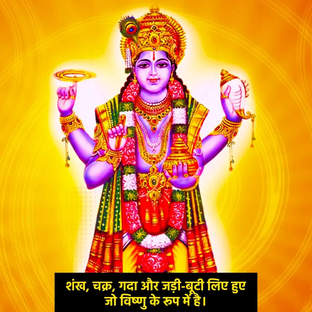 शंख, चक्र, गदा और जड़ी-बूटी लिए हुए जो विष्णु के रूप में है। 