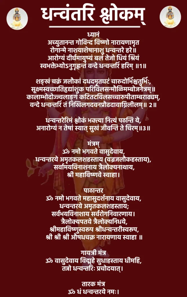Dhanvantri Slokam

ध्यानं

अच्युतानन्त गोविन्द विष्णो नारायणामृत
रोगान्मे नाशयाशेषानाशु धन्वन्तरे हरे॥
आरोग्यं दीर्घमायुष्यं बलं तेजो धियं श्रियं
स्वभक्तेभ्योऽनुगृह्णन्तं वन्दे धन्वन्तरिं हरिम् ॥१॥

शङ्खं चक्रं जलौकां दधदमृतघटं चारुदोर्भिश्चतुर्भिः,
सूक्ष्मस्वच्छातिहृद्यांशुक परिविलसन्मौळिमम्बोजनेत्रम्॥
कालाम्भोदोज्ज्वलाङ्गं कटितटविलसच्चारुपीताम्बराढ्यम्,
वन्दे धन्वन्तरिं तं निखिलगदवनप्रौढदावाग्निलीलम्॥ २॥

धन्वन्तरेरिमं श्लोकं भक्त्या नित्यं पठन्ति ये,
अनारोग्यं न तेषां स्यात् सुखं जीवन्ति ते चिरम्॥३॥

मंत्रम्

ॐ नमो भगवते वासुदेवाय,
धन्वन्तरये अमृतकलशहस्ताय (वज्रजलौकहस्ताय),
 सर्वामयविनाशनाय त्रैलोक्यनाथाय,
 श्री महाविष्णवे स्वाहा। 

पाठान्तर

ॐ नमो भगवते महासुदर्शनाय वासुदेवाय,
 धन्वन्तरये अमृतकलशहस्ताय;
 सर्वभयविनाशाय सर्वरोगनिवारणाय। 
 त्रैलोक्यपतये त्रैलोक्यनिधये,
 श्रीमहाविष्णुस्वरूप श्रीधन्वन्तरीस्वरूप,
 श्री श्री श्री औषधचक्र नारायणाय स्वाहा ॥

गायत्री मंत्र

ॐ वासुदेवाय विद्महे सुधाहस्ताय धीमहि,
तन्नो धन्वन्तरिः प्रचोदयात्। 

तारक मंत्र

ॐ धं धन्वन्तरये नमः।