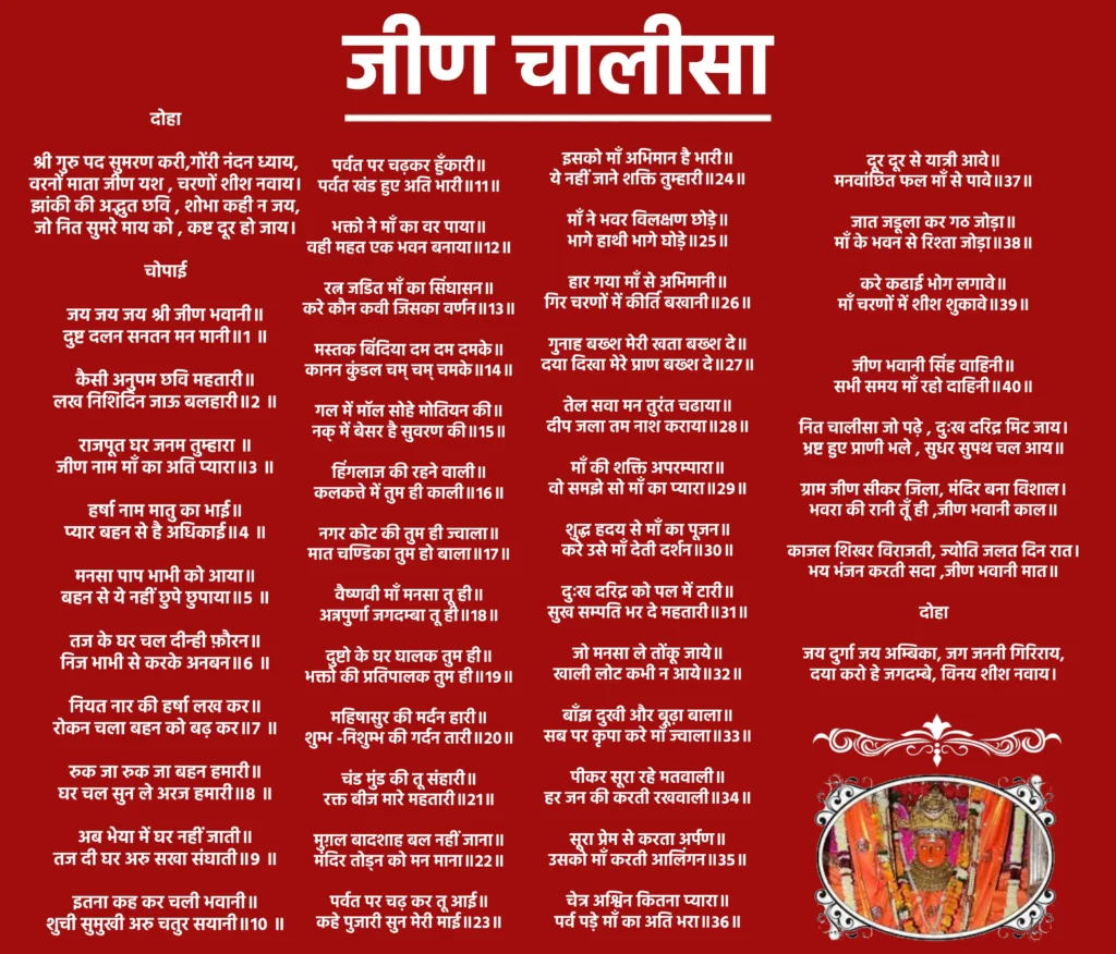 Jeen Chalisa

दोहा 

श्री गुरु पद सुमरण करी,गोंरी नंदन ध्याय,
वरनों माता जीण यश , चरणों शीश नवाय। 
झांकी की अद्भुत छवि , शोभा कही न जय,
जो नित सुमरे माय को , कष्ट दूर हो जाय। 

चोपाई 

जय जय जय श्री जीण भवानी॥
दुष्ट दलन सनतन मन मानी॥१ ॥

कैसी अनुपम छवि महतारी॥
लख निशिदिन जाऊ बलहारी॥२ ॥

राजपूत घर जनम तुम्हारा ॥
जीण नाम माँ का अति प्यारा॥३ ॥

हर्षा नाम मातु का भाई॥
प्यार बहन से है अधिकाई॥४ ॥

मनसा पाप भाभी को आया॥
बहन से ये नहीं छुपे छुपाया॥५ ॥

तज के घर चल दीन्ही फ़ौरन॥
निज भाभी से करके अनबन॥६ ॥

नियत नार की हर्षा लख कर॥
रोकन चला बहन को बढ़ कर॥७ ॥

रुक जा रुक जा बहन हमारी॥
घर चल सुन ले अरज हमारी॥८ ॥

अब भेया में घर नहीं जाती॥
तज दी घर अरु सखा संघाती॥९ ॥

इतना कह कर चली भवानी॥
शुची सुमुखी अरु चतुर सयानी॥१० ॥

पर्वत पर चढ़कर हुँकारी॥
पर्वत खंड हुए अति भारी॥११॥

भक्तो ने माँ का वर पाया॥
वही महत एक भवन बनाया॥१२॥

रत्न जडित माँ का सिंघासन॥
करे कौन कवी जिसका वर्णन॥१३॥

मस्तक बिंदिया दम दम दमके॥
कानन कुंडल चम् चम् चमके॥१४॥

गल में मॉल सोहे मोतियन की॥
नक् में बेसर है सुवरण की॥१५॥

हिंगलाज की रहने वाली॥
कलकत्ते में तुम ही काली॥१६॥

नगर कोट की तुम ही ज्वाला॥
मात चण्डिका तुम हो बाला॥१७॥

वैष्णवी माँ मनसा तू ही॥
अन्नपुर्णा जगदम्बा तू ही॥१८॥

दुष्टो के घर घालक तुम ही॥
भक्तो की प्रतिपालक तुम ही॥१९॥

महिषासुर की मर्दन हारी॥
शुम्भ -निशुम्भ की गर्दन तारी॥२०॥

चंड मुंड की तू संहारी॥
रक्त बीज मारे महतारी॥२१॥

मुग़ल बादशाह बल नहीं जाना॥
मंदिर तोड्न को मन माना॥२२॥

पर्वत पर चढ़ कर तू आई॥
कहे पुजारी सुन मेरी माई॥२३॥

इसको माँ अभिमान है भारी॥
ये नहीं जाने शक्ति तुम्हारी॥२४॥

माँ ने भवर विलक्षण छोड़े॥
भागे हाथी भागे घोड़े॥२५॥

हार गया माँ से अभिमानी॥
गिर चरणों में कीर्ति बखानी॥२६॥

गुनाह बख्श मेरी खता बख्श दे॥
दया दिखा मेरे प्राण बख्श दे॥२७॥

तेल सवा मन तुरंत चढाया॥
दीप जला तम नाश कराया॥२८॥

माँ की शक्ति अपरम्पारा॥
वो समझे सो माँ का प्यारा॥२९॥

शुद्ध हदय से माँ का पूजन॥
करे उसे माँ देती दर्शन॥३०॥

दुःख दरिद्र को पल में टारी॥
सुख सम्पति भर दे महतारी॥३१॥

जो मनसा ले तोंकू जाये॥
खाली लोट कभी न आये॥३२॥

बाँझ दुखी और बूढ़ा बाला॥ 
सब पर कृपा करे माँ ज्वाला॥३३॥

पीकर सूरा रहे मतवाली॥
हर जन की करती रखवाली॥३४॥

सूरा प्रेम से करता अर्पण॥
उसको माँ करती आलिंगन॥३५॥

चेत्र अश्विन कितना प्यारा॥
पर्व पड़े माँ का अति भरा॥३६॥

दूर दूर से यात्री आवे॥
मनवांछित फल माँ से पावे॥३७॥

जात जडूला कर गठ जोड़ा॥ 
माँ के भवन से रिश्ता जोड़ा॥३८॥

करे कढाई भोग लगावे॥
माँ चरणों में शीश शुकावे॥३९॥

जीण भवानी सिंह वाहिनी॥
सभी समय माँ रहो दाहिनी॥४०॥

नित चालीसा जो पढ़े , दुःख दरिद्र मिट जाय। 
भ्रष्ट हुए प्राणी भले , सुधर सुपथ चल आय॥

ग्राम जीण सीकर जिला, मंदिर बना विशाल। 
भवरा की रानी तूँ ही ,जीण भवानी काल॥

काजल शिखर विराजती, ज्योति जलत दिन रात। 
भय भंजन करती सदा ,जीण भवानी मात॥

दोहा 

जय दुर्गा जय अम्बिका, जग जननी गिरिराय,
दया करो हे जगदम्बे, विनय शीश नवाय।
