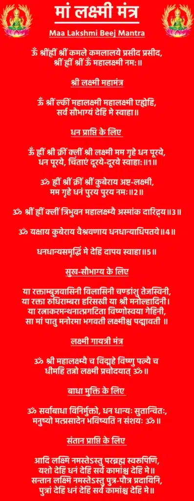 Maa Lakshmi Mantra

Maa Lakshmi Beej Mantra

ऊँ श्रींह्रीं श्रीं कमले कमलालये प्रसीद प्रसीद,
 श्रीं ह्रीं श्रीं ऊँ महालक्ष्मी नम:॥

श्री लक्ष्मी महामंत्र

ऊँ श्रीं ल्कीं महालक्ष्मी महालक्ष्मी एह्येहि,
 सर्व सौभाग्यं देहि मे स्वाहा॥

धन प्राप्ति के लिए 

ऊँ ह्रीं श्री क्रीं क्लीं श्री लक्ष्मी मम गृहे धन पूरये,
 धन पूरये, चिंताएं दूरये-दूरये स्वाहा:॥1॥

ॐ ह्रीं श्रीं क्रीं श्रीं कुबेराय अष्ट-लक्ष्मी,
मम गृहे धनं पुरय पुरय नमः॥2॥

ॐ श्रीं ह्रीं क्लीं त्रिभुवन महालक्ष्म्यै अस्मांक दारिद्र्य॥3॥

ॐ यक्षाय कुबेराय वैश्रवणाय धनधान्याधिपतये॥4॥

धनधान्यसमृद्धिं मे देहि दापय स्वाहा॥5॥

सुख-सौभाग्य के लिए

या रक्ताम्बुजवासिनी विलासिनी चण्डांशु तेजस्विनी,
या रक्ता रुधिराम्बरा हरिसखी या श्री मनोल्हादिनी। 
या रत्नाकरमन्थनात्प्रगटिता विष्णोस्वया गेहिनी,
सा मां पातु मनोरमा भगवती लक्ष्मीश्च पद्मावती ॥

लक्ष्मी गायत्री मंत्र

ॐ श्री महालक्ष्म्यै च विद्महे विष्णु पत्न्यै च 
धीमहि तन्नो लक्ष्मी प्रचोदयात् ॐ॥

बाधा मुक्ति के लिए 

ॐ सर्वाबाधा विनिर्मुक्तो, धन धान्यः सुतान्वितः,
मनुष्यो मत्प्रसादेन भविष्यति न संशयः ॐ॥

संतान प्राप्ति के लिए 

आदि लक्ष्मि नमस्तेऽस्तु परब्रह्म स्वरूपिणि,
यशो देहि धनं देहि सर्व कामांश्च देहि मे॥
सन्तान लक्ष्मि नमस्तेऽस्तु पुत्र-पौत्र प्रदायिनि,
पुत्रां देहि धनं देहि सर्व कामांश्च देहि मे॥