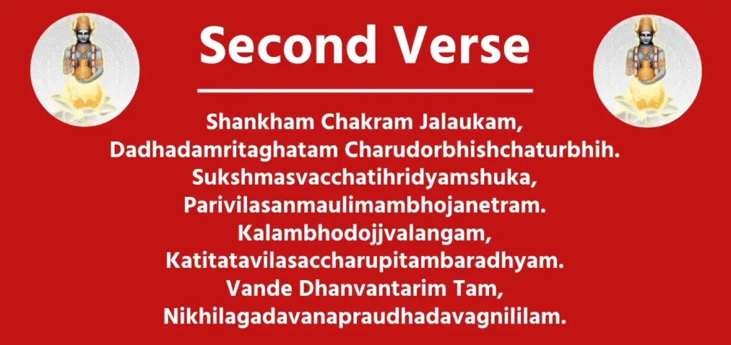 Second Verse

Shankham Chakram Jalaukam,
Dadhadamritaghatam Charudorbhishchaturbhih.
Sukshmasvacchatihridyamshuka,
Parivilasanmaulimambhojanetram.
Kalambhodojjvalangam,
Katitatavilasaccharupitambaradhyam.
Vande Dhanvantarim Tam,
Nikhilagadavanapraudhadavagnililam.