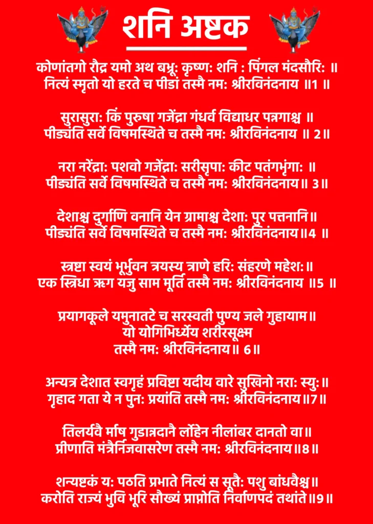 Shani Ashtak

कोणांतगो रौद्र यमो अथ बभ्रू: कृष्ण: शनि : पिंगल मंदसौरि: ॥
नित्यं स्मृतो यो हरते च पीडां तस्मै नम: श्रीरविनंदनाय ॥1 ॥

सुरासुरा: किं पुरुषा गजेंद्रा गंधर्व विद्याधर पन्नगाश्च ॥
पीड्यंति सर्वे विषमस्थिते च तस्मै नम: श्रीरविनंदनाय ॥ 2॥

नरा नरेंद्रा: पशवो गजेंद्रा: सरीसृपा: कीट पतंगभृंगा: ॥
पीड्यंति सर्वे विषमस्थिते च तस्मै नम: श्रीरविनंदनाय॥ 3॥

देशाश्च दुर्गाणि वनानि येन ग्रामाश्च देशा: पुर पत्तनानि॥
पीड्यंति सर्वे विषमस्थिते च तस्मै नम: श्रीरविनंदनाय॥4 ॥

स्त्रष्टा स्वयं भूर्भुवन त्रयस्य त्राणे हरि: संहरणे महेश:॥
एक स्त्रिधा ऋग यजु साम मूर्ति तस्मै नम: श्रीरविनंदनाय ॥5 ॥

प्रयागकूले यमुनातटे च सरस्वती पुण्य जले गुहायाम॥
यो योगिभिर्ध्येय शरीरसूक्ष्म
तस्मै नम: श्रीरविनंदनाय॥ 6॥

अन्यत्र देशात स्वगृहं प्रविष्टा यदीय वारे सुखिनो नरा: स्यु:॥
गृहाद गता ये न पुन: प्रयांति तस्मै नम: श्रीरविनंदनाय॥7॥

तिलर्यवै र्माष गुडान्नदानै र्लोहेन नीलांबर दानतो वा॥
प्रीणाति मंत्रैर्निजवासरेण तस्मै नम: श्रीरविनंदनाय॥8॥

शन्यष्टकं य: पठति प्रभाते नित्यं स सूतै: पशु बांधवैश्च॥
करोति राज्यं भुवि भूरि सौख्यं प्राप्नोति निर्वाणपदं तथांते॥9॥