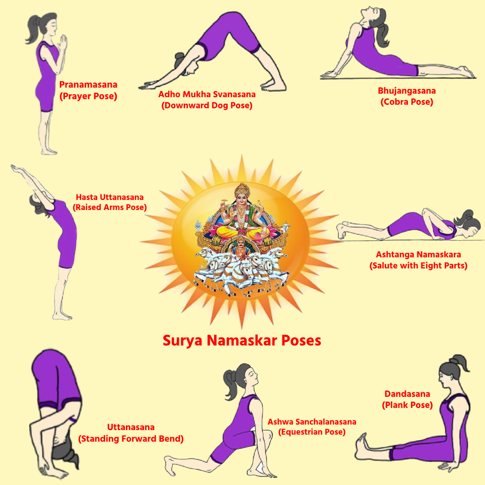Surya Namaskar Poses: Their Correct Sequence and Benefits 1 Pranamasana (Prayer Pose)
Hasta Uttanasana (Raised Arms Pose)
Uttanasana (Standing Forward Bend)
Ashwa Sanchalanasana (Equestrian Pose)
Dandasana (Plank Pose)
Ashtanga Namaskara (Salute with Eight Parts)
Bhujangasana (Cobra Pose)
Adho Mukha Svanasana (Downward Dog Pose)
Ashwa Sanchalanasana (Equestrian Pose)
Uttanasana (Standing Forward Bend)
Hasta Uttanasana (Raised Arms Pose)
Pranamasana (Prayer Pose)