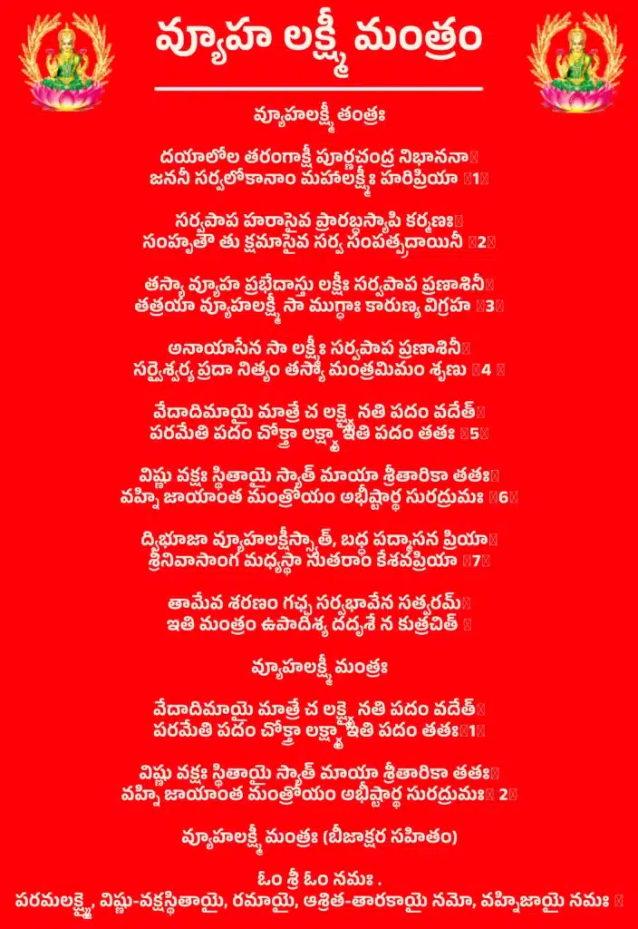 Vyuha Lakshmi Mantramవ్యూహలక్ష్మీ తంత్రఃదయాలోల తరంగాక్షీ పూర్ణచంద్ర నిభాననా॥
జననీ సర్వలోకానాం మహాలక్ష్మీః హరిప్రియా ॥1॥సర్వపాప హరాసైవ ప్రారబ్ధస్యాపి కర్మణః॥
సంహృతౌ తు క్షమాసైవ సర్వ సంపత్ప్రదాయినీ ॥2॥తస్యా వ్యూహ ప్రభేదాస్తు లక్షీః సర్వపాప ప్రణాశినీ॥
తత్రయా వ్యూహలక్ష్మీ సా ముగ్ధాః కారుణ్య విగ్రహ ॥3॥అనాయాసేన సా లక్ష్మీః సర్వపాప ప్రణాశినీ॥
సర్వైశ్వర్య ప్రదా నిత్యం తస్యా మంత్రమిమం శృణు ॥4 ॥వేదాదిమాయై మాత్రే చ లక్ష్మ్యై నతి పదం వదేత్॥
పరమేతి పదం చోక్త్రా లక్ష్మ్యా ఇతి పదం తతః ॥5॥విష్ణు వక్షః స్థితాయై స్యాత్ మాయా శ్రీతారికా తతః॥
వహ్ని జాయాంత మంత్రోయం అభీష్టార్థ సురద్రుమః ॥6॥ద్విభూజా వ్యూహలక్షీస్స్యాత్, బధ్ధ పద్మాసన ప్రియా॥
శ్రీనివాసాంగ మధ్యస్థా సుతరాం కేశవప్రియా ॥7॥తామేవ శరణం గఛ్ఛ సర్వభావేన సత్వరమ్॥
ఇతి మంత్రం ఉపాదిశ్య దదృశే న కుత్రచిత్ ॥వ్యూహలక్ష్మీ మంత్రఃవేదాదిమాయై మాత్రే చ లక్ష్మ్యై నతి పదం వదేత్॥
పరమేతి పదం చోక్త్రా లక్ష్మ్యా ఇతి పదం తతః॥1॥విష్ణు వక్షః స్థితాయై స్యాత్ మాయా శ్రీతారికా తతః॥
వహ్ని జాయాంత మంత్రోయం అభీష్టార్థ సురద్రుమః॥ 2॥వ్యూహలక్ష్మీ మంత్రః (బీజాక్షర సహితం)ఓం శ్రీ ఓం నమః .
పరమలక్ష్మ్మై, విష్ణు-వక్షస్థితాయై, రమాయై, ఆశ్రిత-తారకాయై నమో, వహ్నిజాయై నమః ॥
